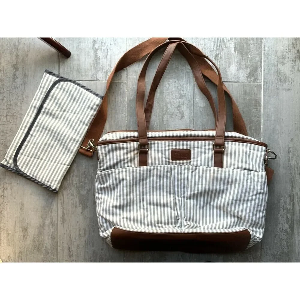HIP CUB Gray & White Striped Messenger Style Diaper Bag + Matching Changing Pad